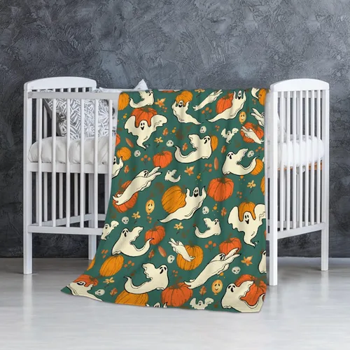 Vista 35 de Manta de Halloween para bebé, diseño de calabaza, fantasma, telaraña, súper suave, manta acogedora para recién nacido, manta de recepción para bebé