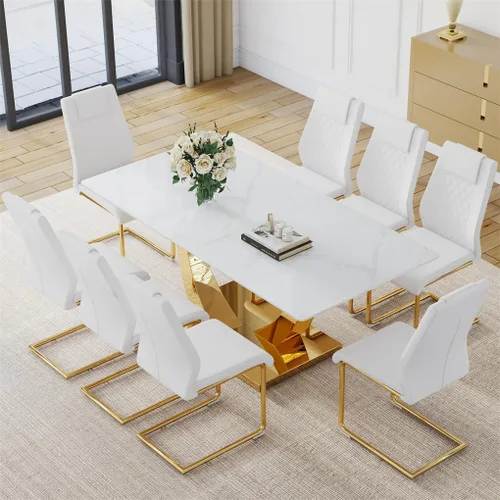 Vista 29 de Juego de mesa de comedor para 4, mesa de comedor de mármol sintético de 63 pulgadas con patas y base de acero inoxidable, sillas acolchadas