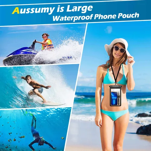 Vista 7 de Paquete de 4 fundas impermeables grandes para teléfono de 10.5" - Soporte transparente para celular bajo el agua - Bolsa seca universal a prueba