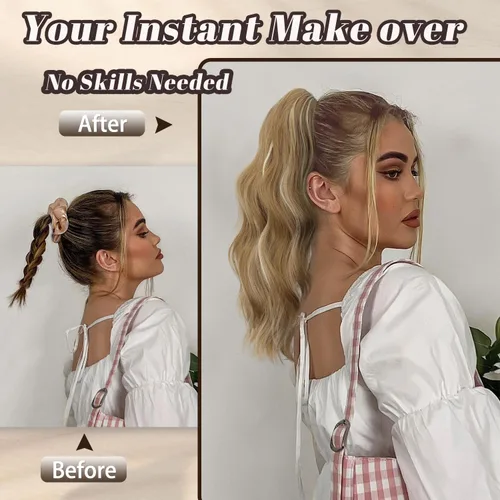 Vista 2 de FREEMEIGE Extensión de cola de caballo con clip de garra para mujer, extensiones de cabello sintético corto ondulado de cola de caballo de 16 27/613A