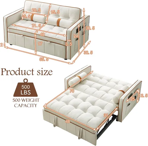 Vista 2 de Sofá cama extraíble, sofá cama de 55.5 pulgadas, con bolsillo lateral, respaldo ajustable y almohada de cintura, adecuado para espacios pequeños