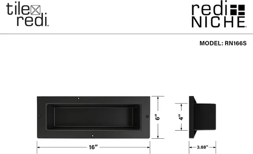 Vista 2 de Tile Redi USA Niche - Estante de ducha empotrable individual, negro, un estante interior, 16 pulgadas de ancho x 6 pulgadas de alto x 4 pulgadas