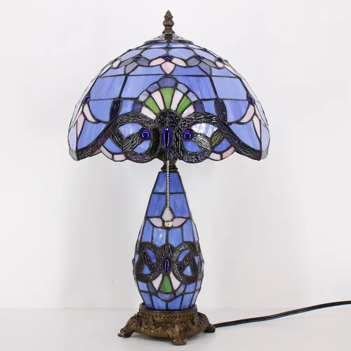 Vista 7 de Lámpara de Estilo Tiffany de Vidrio Manchado Azul Barroco de Mesa de 12X19 Pulgadas, Vaso Madre-Hija, Luz de Lectura para Escritorio, Decoración