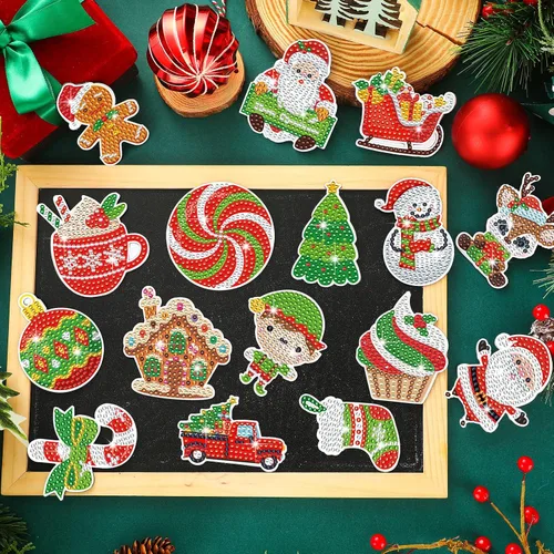 Vista 5 de Umigy 16 piezas de imanes de arte de diamante navideño para refrigerador, verde lima y rojo, imanes de pintura de diamantes de Navidad, hombre