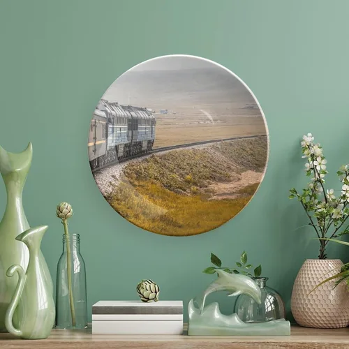 Vista 5 de Plato de tren ferroviario para decoración de pared de oficina en casa, plato decorativo con soporte de exhibición, adorno de cerámica, arte