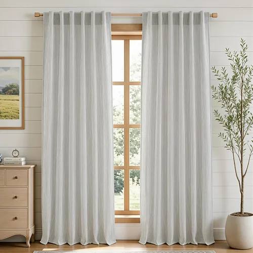 Vista 28 de DriftAway Cortinas de lino 100% opacas a rayas, de doble capa, 96 pulgadas de largo, para sala de estar, dormitorio, hilo teñido, con aislamiento