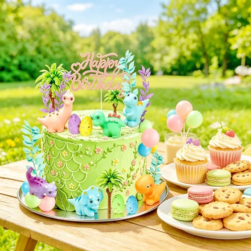 Vista 2 de 35 adornos de dinosaurios para tartas con huevos de dinosaurio, hojas, rosa, morado, azul, amarillo, verde, bolas para decoración de pasteles
