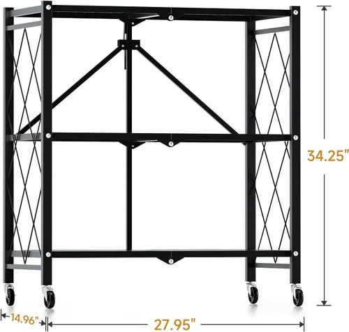 Vista 7 de YSSOA Estante de metal plegable de 3 niveles, 27.95 pulgadas de profundidad x 13.39 pulgadas de ancho x 33.85 pulgadas de alto, estantería