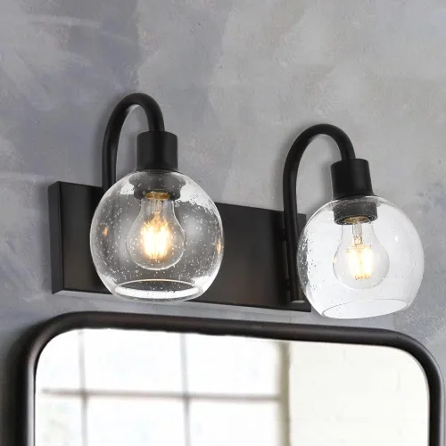Vista 2 de Luz de tocador de baño con vidrio esmerilado en forma de globo de 2 luces, aplique de pared industrial negro para vestíbulo o pasillo