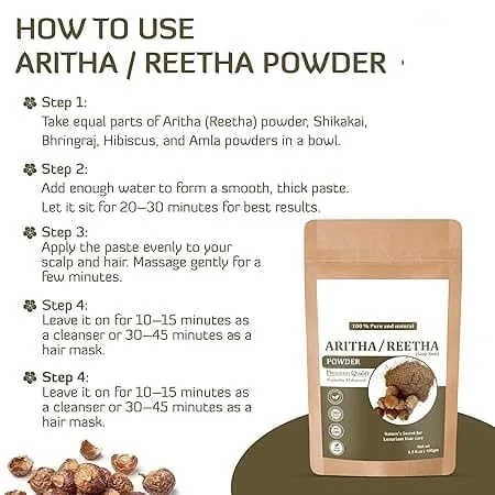 Vista 4 de Aritha natural en polvo para el cabello (Reetha/Soapnut Powder), hierbas orgánicas naturales, fortalecimiento del cabello, brillo