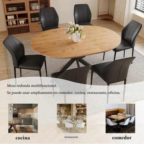 Vista 4 de HIPIHOM Juego de mesa de comedor extensible redonda de 43.2"-59.1", mesa redonda de madera para 4-6 personas, mesa de café de roble con superficie