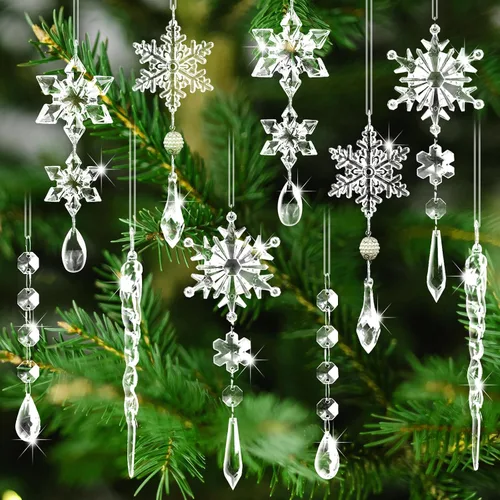 Vista 8 de 20 adornos de árbol de cristal, decoraciones de árbol de Navidad, adornos de cristal de copo de nieve, adorno de Navidad acrílico colgante, gota
