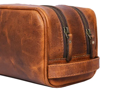 Vista 6 de Aaron Leather Goods - Neceser de viaje, de cuero de alta calidad, con forro impermeable Dopp de estilo vintage, hecho a mano, tamaño king - Kit ~