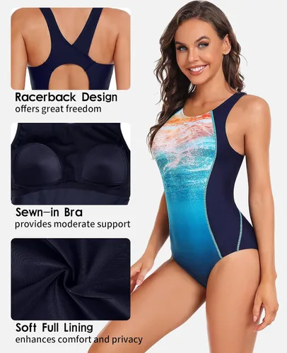 Vista 3 de beautyin Traje de baño deportivo de una pieza con espalda cruzada para mujer