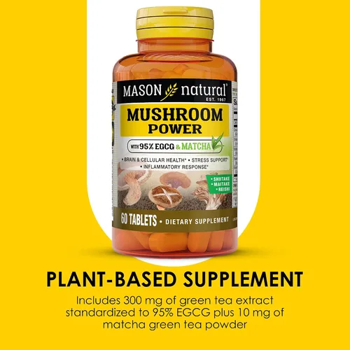 Vista 4 de MASON NATURAL Poder de hongos con 95% de EGCG y Matcha, fórmula a base de plantas con shiitake, maitake, reishi, 60 tabletas