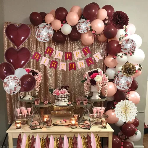 Vista 3 de Decoraciones de cumpleaños para mujer, decoraciones de fiesta de cumpleaños rosa con globos blancos, pancarta de feliz cumpleaños para despedida