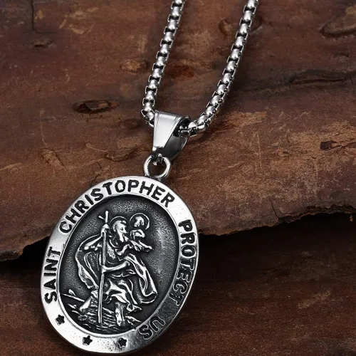 Vista 2 de Jude Jewelers Collar retro vintage de acero inoxidable con colgante religioso de San Cristóbal Protect Us Santa Cruz, Metal, Circonia cúbica