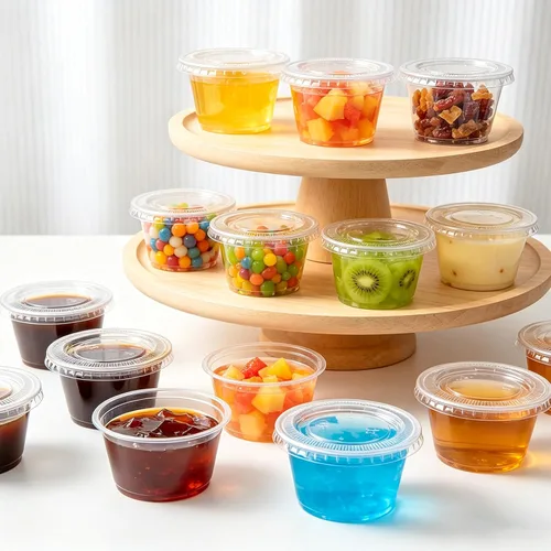 Vista 7 de Szsrcywd 100 juegos de vasos de gelatina de 4 onzas con tapas, recipientes desechables de plástico transparente para condimentos para souffle