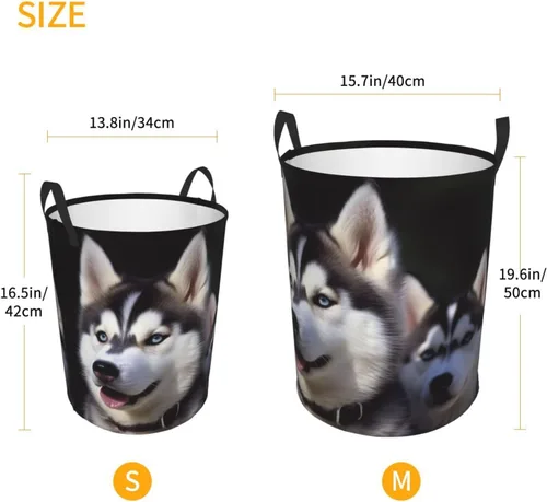 Vista 2 de Cesta de lavandería para perro Husky impermeable, cesta de ropa sucia, plegable, con asas, cesta de lavandería independiente para baño, dormitorio