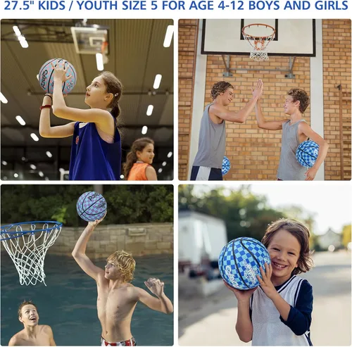 Vista 4 de Baloncesto para niños y jóvenes tamaño 5 (27.5") de goma premium para interiores y exteriores para niños y niñas, impermeable