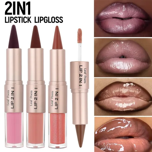 Vista 20 de BAISEN DIARY 2 en 1 doble punta mate delineador de labios y brillo de labios, lápiz combinado de labios marrón nude degradado, delineador de labios