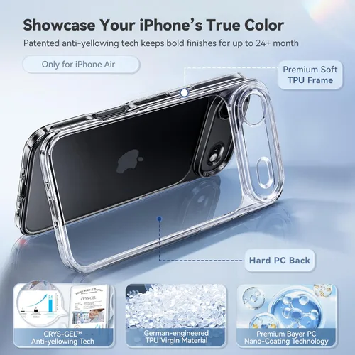 Vista 2 de CASEKOO Funda para iPhone 17 Air Cristal Transparente, TPU Virgen y Anti-Amarillo Patentado, Protección contra Caídas de Grado Militar de 15 Pies