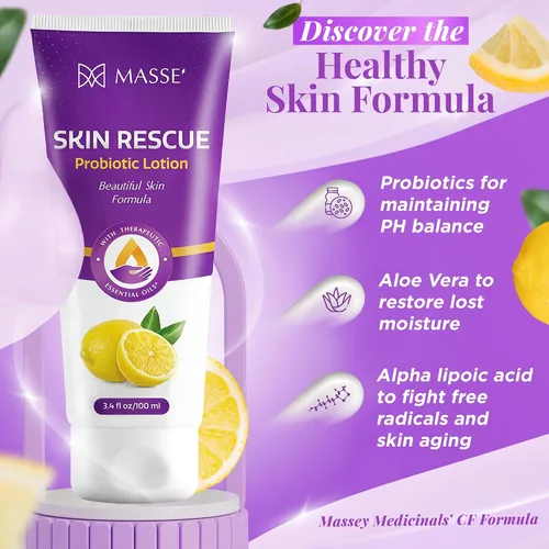 Vista 3 de Massey's Skin Rescue Probiotics Lotion - Loción diaria para hombres y mujeres - Aroma refrescante a limón - Humedad no grasa para una piel suave