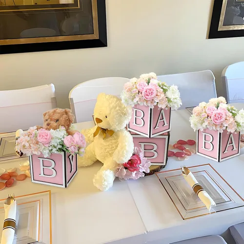Vista 7 de Juego de 4 centros de mesa de baby shower para mesas, cajas de madera de 6 pulgadas con letras de bebé, cubos rústicos, bloques de madera para Rosa