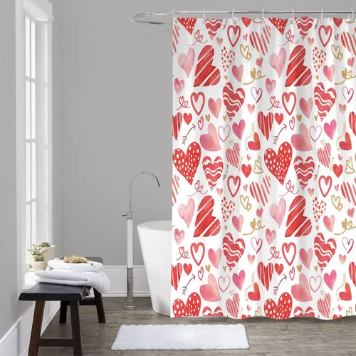 Vista 4 de BestLives Cortina de ducha de San Valentín, diseño de corazón rosa y rojo, con diseño de flechas románticas, impermeable, tela de poliéster, con 10