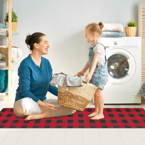 Vista 3 de Tapete Largo de Cocina y Alfombra Tapetes Antifatiga para Piso de Cocina Corredor 17.3''x71'' Negro Rojo Buffalo a Cuadros Corredor Alfombra