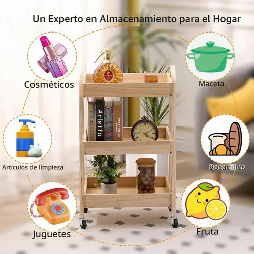 Vista 3 de Carrito de artesanía con ruedas de 3 niveles, madera de color claro, resistente, impermeable, con ruedas, para cocina, baño, lavandería