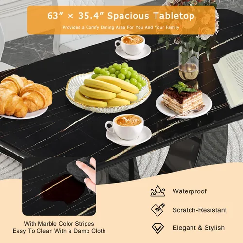 Vista 5 de JUFU Moderno juego de mesa de cocina y comedor, mesa rectangular con parte superior de mármol sintético, 63 pulgadas, color negro, 4 sillas