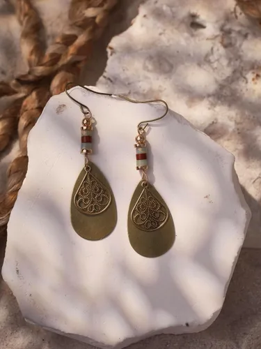Vista 4 de MINACHI Aretes colgantes de filigrana de latón antiguo, estilo bohemio, vintage, estilo bohemio, hippie, regalo para mujer, Zinc, No es una piedra