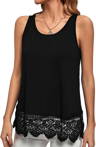 Vista 4 de LYANER Blusa sin mangas con dobladillo de encaje para mujer, cuello barco, sin mangas, con corte holgado