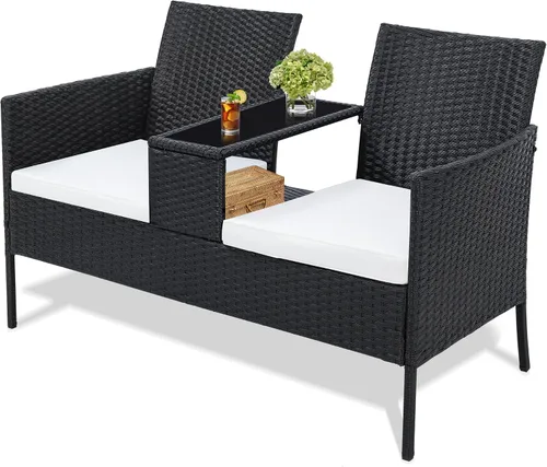 Vista 7 de Kromax Sofá biplaza de mimbre para patio de 2 asientos, sofá biplaza de Ratán negro con cojín negro