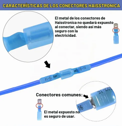 Vista 4 de haisstronica 200 conectores de pala hembra termorretráctiles azules, AWG 16-14, kit de terminlas de pala hembra termorretráctil, conectores