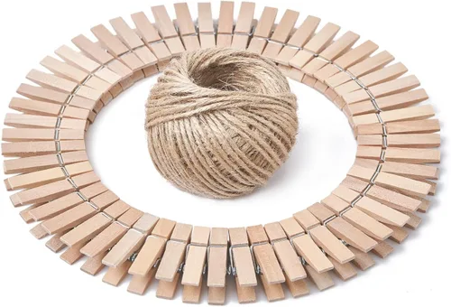 Vista 9 de HSTECH 100 piezas de mini pinzas de madera natural verde y 25 m de cuerda de yute, pinzas para ropa de bebé, pinzas de 3.5 cm para manualidades