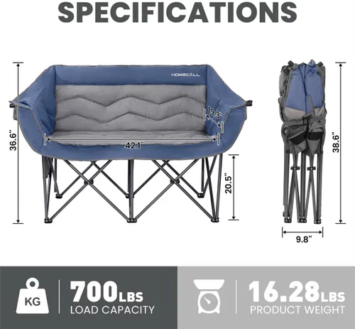 Vista 2 de HOMECALL Silla de campamento doble de gran tamaño para adultos, soporte de sofá biplaza plegable resistente de 700 libras, sofá de campamento extra