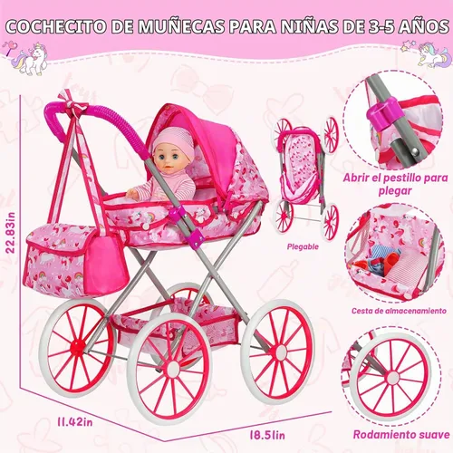 Vista 2 de DRAMATION Juego de cochecito de bebé, muñeca de 11 pulgadas con corralito y A-pink