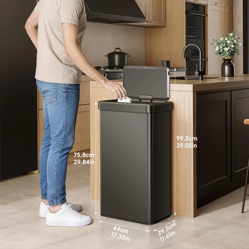 Vista 6 de EKO Nova - Papelera con sensor, 21 galones/80 litros, acero inoxidable, rectangular, sin contacto, con sensor de movimiento, negro mate