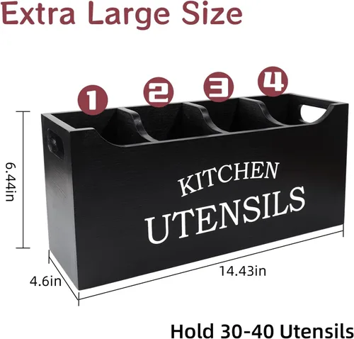 Vista 4 de Soporte para utensilios de cocina de madera, extra grande, 4 compartimentos, con parte inferior de drenaje para encimera, organizador