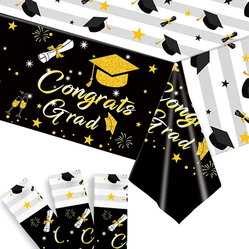 Vista 2 de KatchOn, Manteles de graduación en blanco y negro – 108 x 54 pulgadas, paquete de 3 con platos de graduación y servilletas 2023 – Paquete de 100
