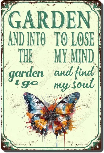 Vista 11 de LIUAXICIA Letreros divertidos de metal con texto en inglés "In The Garden to Lose My Mind and Find My Soul Bee Garden - Letreros de lata