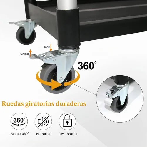 Vista 3 de Carros utilitarios de plástico con ruedas, carrito de restaurante de 3 niveles, carrito de servicio de alimentos resistente 420 libras, carrito