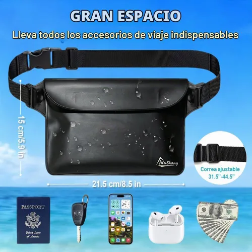 Vista 5 de Riñonera impermeable, bolsa seca para teléfono para playa, natación, kayak Negro+Negro