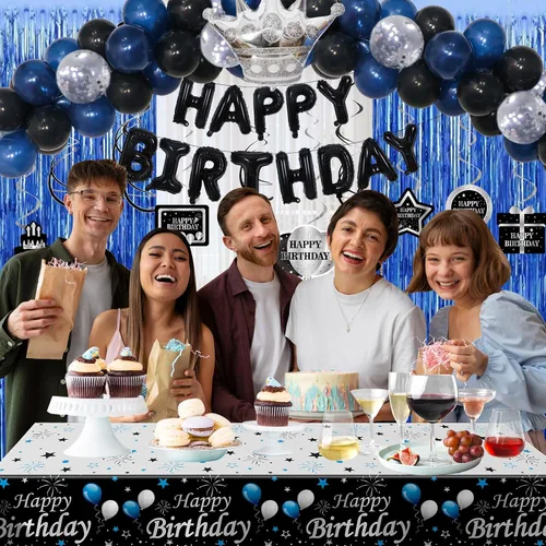 Vista 2 de Decoraciones de cumpleaños para niños, hombres, mujeres y niñas, decoración de fiesta de feliz cumpleaños azul y negro, pancarta de feliz
