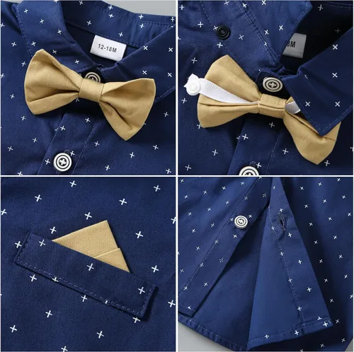 Vista 5 de nilikastta Trajes de ropa para niños, camisa de vestir con corbatín + pantalones con tirantes para niños grandes, trajes de boda para caballeros