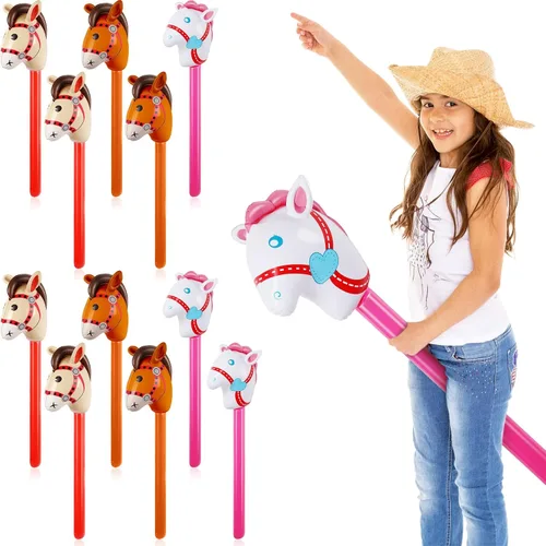 Vista 9 de Chivao 12 piezas inflables de palo de caballo linda cabeza de caballo, globo inflable colorido vaquero vaquera decoración de fiesta para fiesta Negro