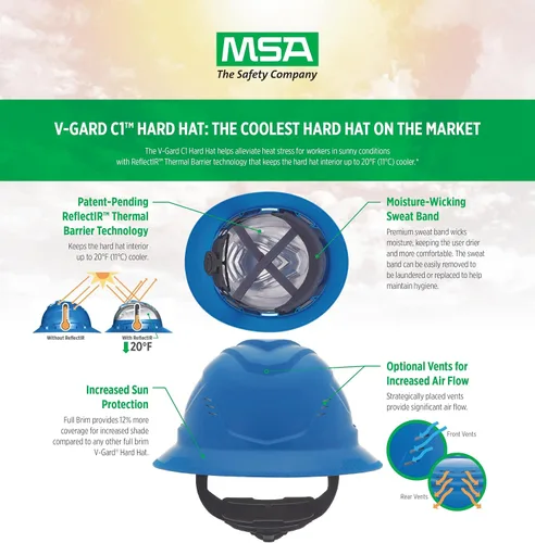 Vista 2 de MSA V-Gard C1 Casco de Ala Completa con Barrera Térmica de Enfriamiento ReflectIR y Suspensión Fas-Trac III - Utiliza Características