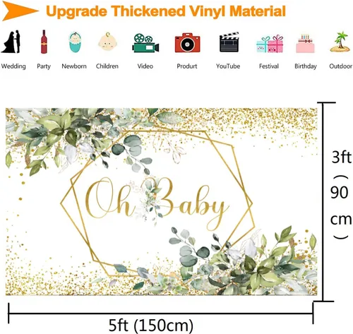 Vista 5 de InMemory Greenery Oh Baby Shower - Telón de fondo con purpurina de eucalipto dorado neutro para baby shower, fondo de fotografía de hojas verdes
